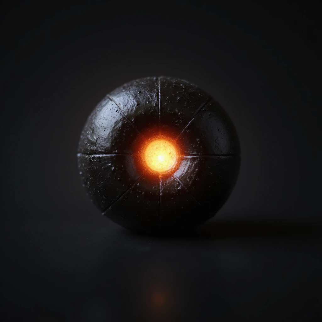 realistic black candy with a glowing center, photorealistic style emoji
