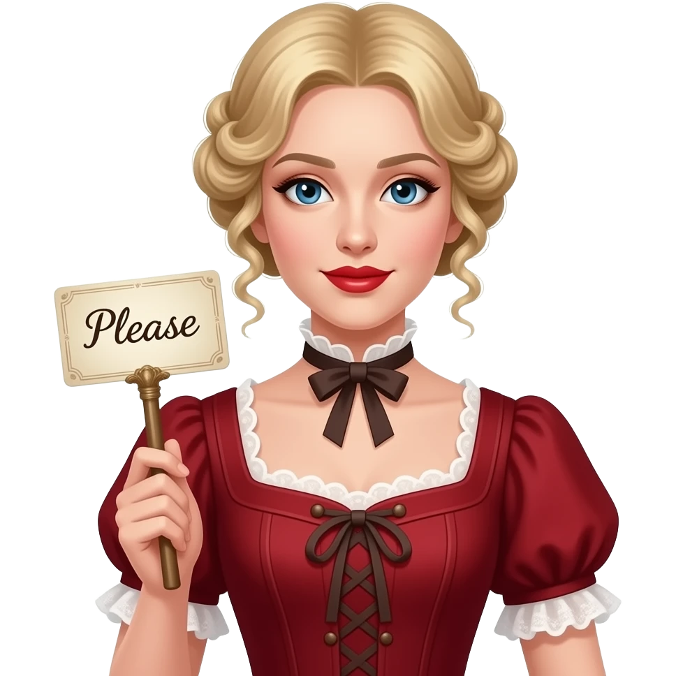 short blonde with spiral curly hair side swept bob pinned in a French twist  with a vintage sign saying please in an 1800 red outfit in red lipstick emoji