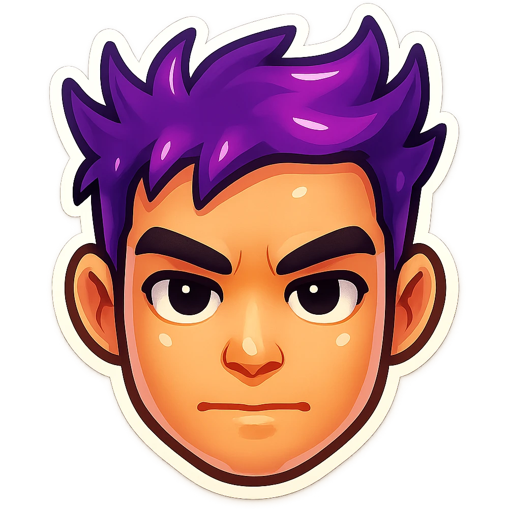 Create a cartoon emoji style head of the person in the reference image, no text, transparent background, in retro stickers style. emoji