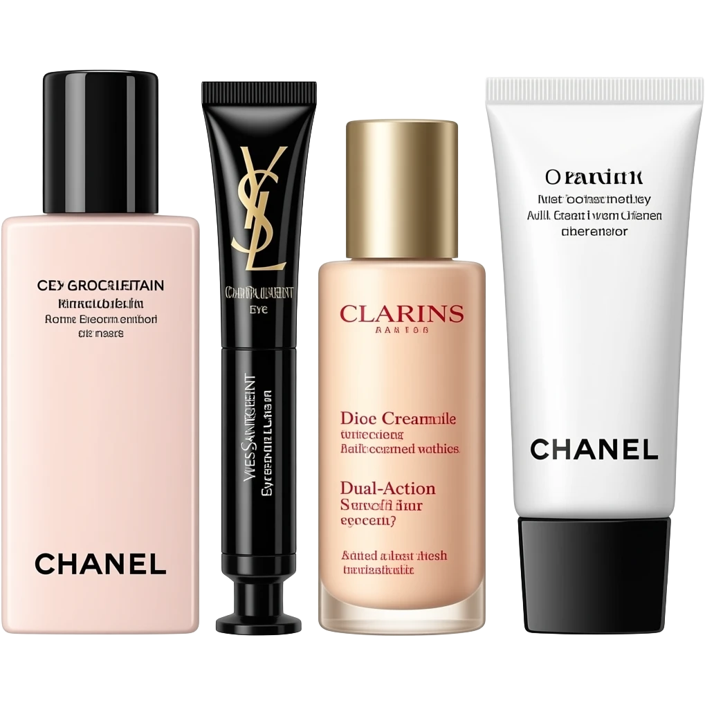 Chanel Pink Lotion, Yves Saint Laurent Eye Cream, Dior Face Cream, Clarins Dual-Action Serum, and Chanel Cleanser, along with a sheet mask, neatly arranged emoji