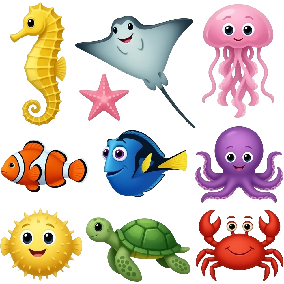 Yellow Seahorse, stingray, pink jellyfish, pink starfish, orange Nemo and blue dory, purple ctopus, yellow pufferfish, green sea turtle, and red  crab emoji