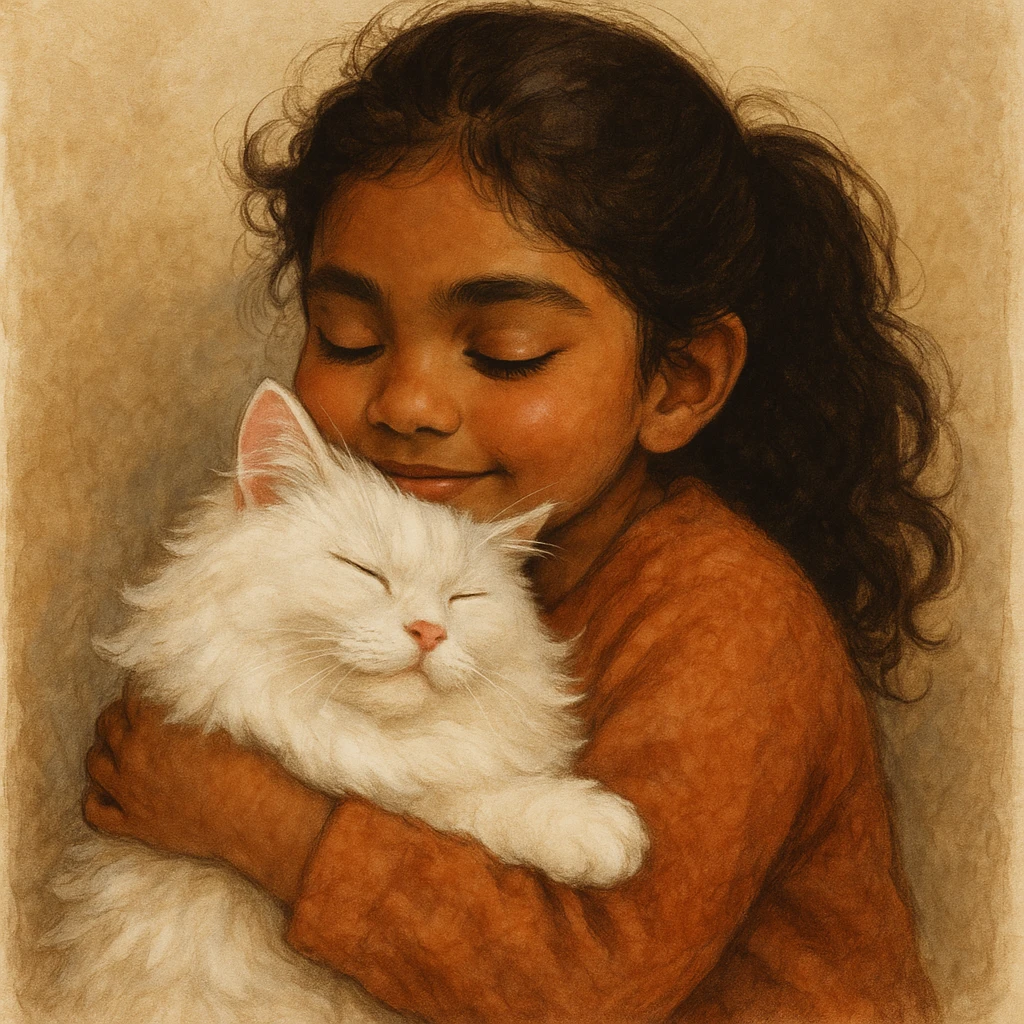 brown girl snuggling fluffy white cat, style 5 emoji