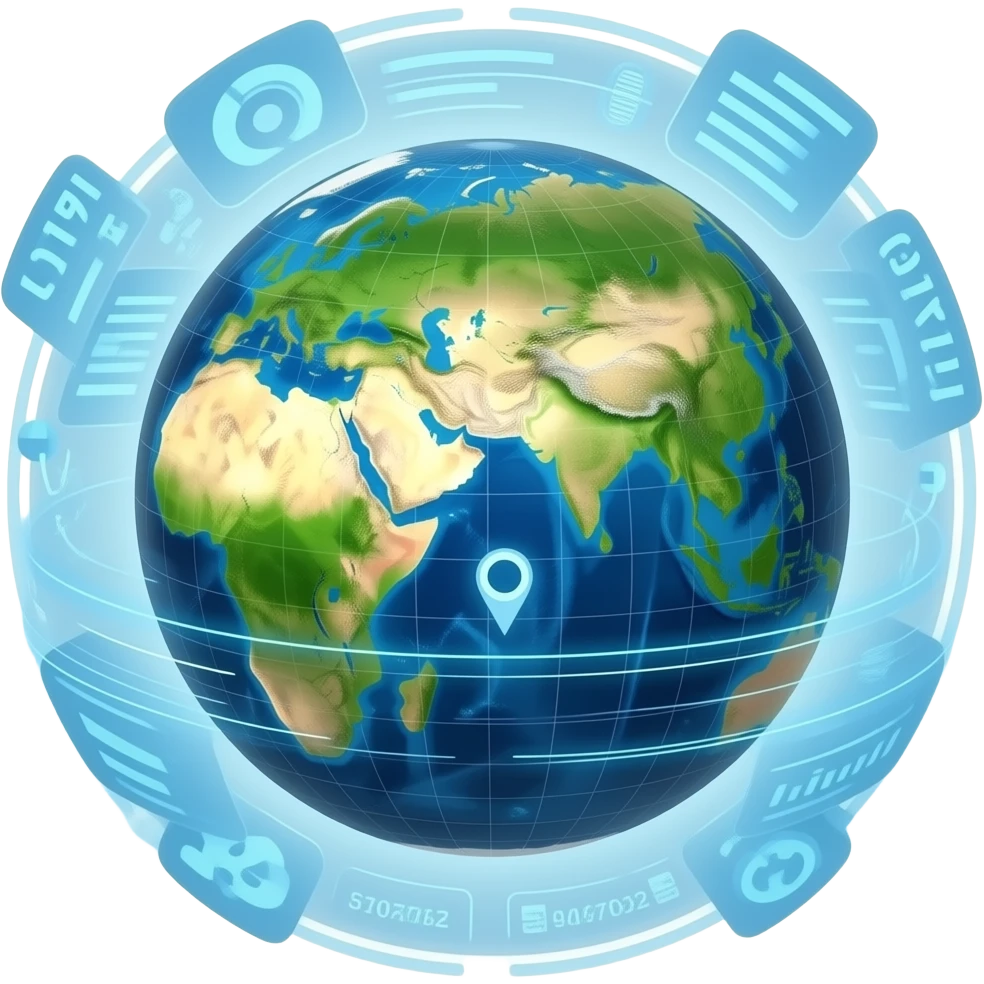 A futuristic HUD showing planet earth and data emoji