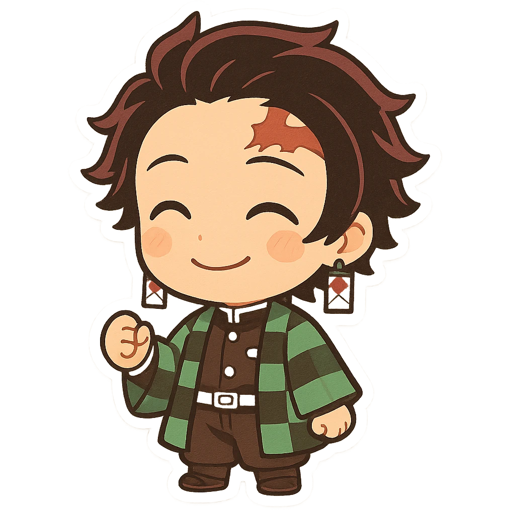 Tanjiro Kamado, chibi style, green checkered haori, hanafuda earrings, short black hair with burgundy tips, smiling emoji