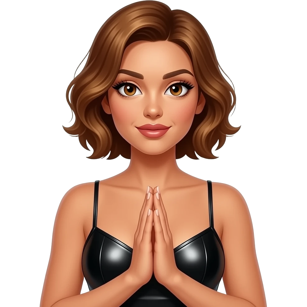 glamours,-tanned,-very-beautiful-woman-with-big-plump-rose-beige-lips,-long-lashes,-honey-silky-very short- hair,-wavy-hair,-hazel-eyes-wearing-black-strappy-shiny-latex-dress-She-Looks-sexy-hands-together at front emoji