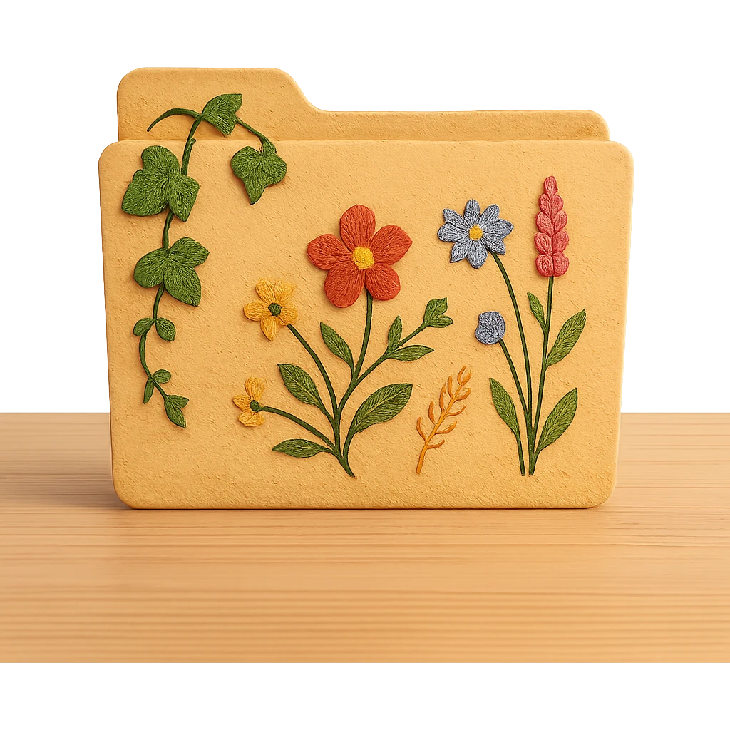 whimsical folder icon in cottagecore style, folder with floral embroidery, ivy, wildflowers, set on wooden desk, no text emoji