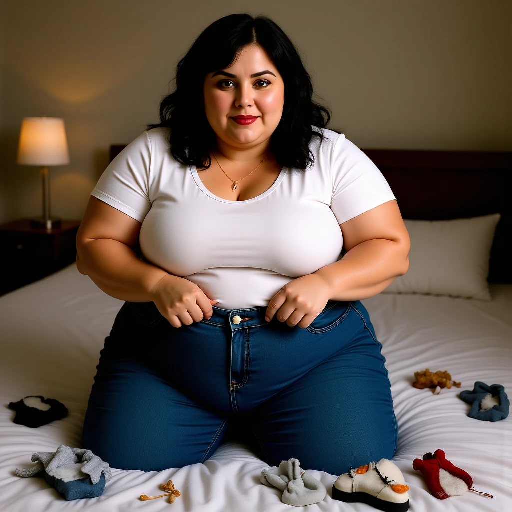 realistic plus-size woman in a bedroom, struggling to fit jeans over balloon-like swollen thighs, seams popping, failed clothing attempts all around, vertical orientation emoji