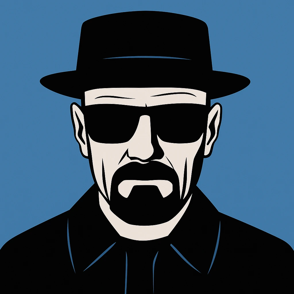 Walter White, Heisenberg persona, black hat and sunglasses, goatee, blue background, minimalist style emoji