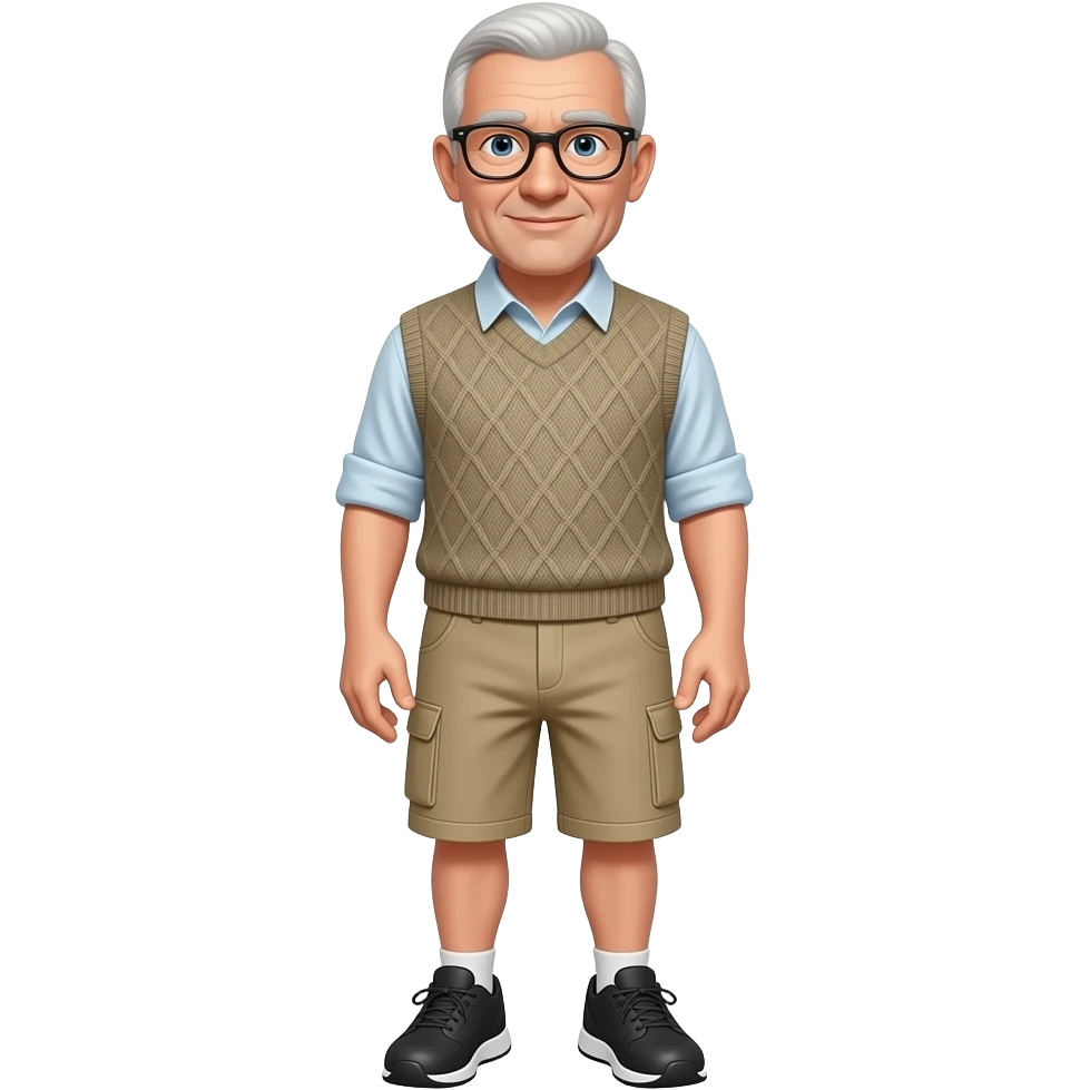 older hairless white man with thin framed glasses, a sweatervest, beige cargo shorts and black running shoes emoji