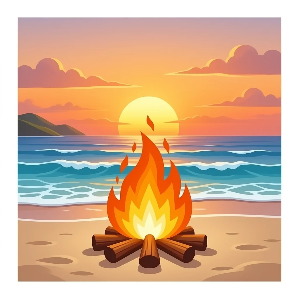 Bonfire with a beach and sunset in the background emoji