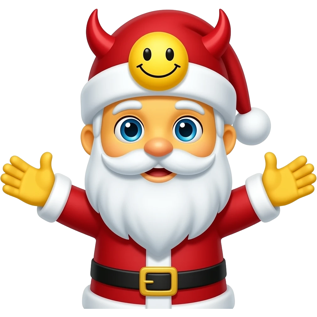 like Santa Claus yellow face or gloves blue eyes but with red devilshorns throughly the hat with yellow smiling face and open arms like that 🤗and without glasses and overlipbeard!!! emoji