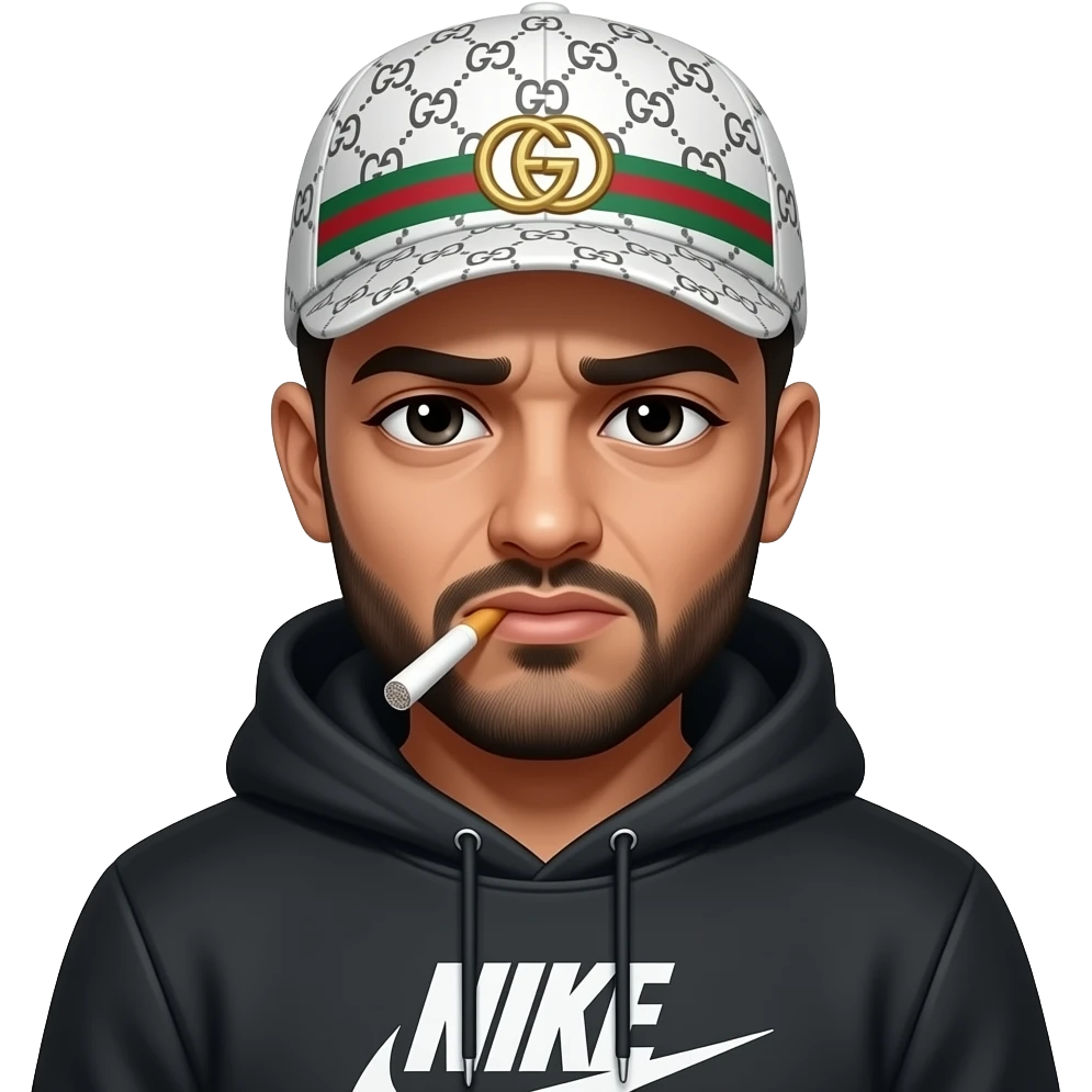 Arabe, avec joint de shit bien entamé dans la bouche, et les yeux noir très très  fatigués, veste Nike boîte de racaille , casquette Gucci à motif blanche. Rend le dangereux et menaçant emoji