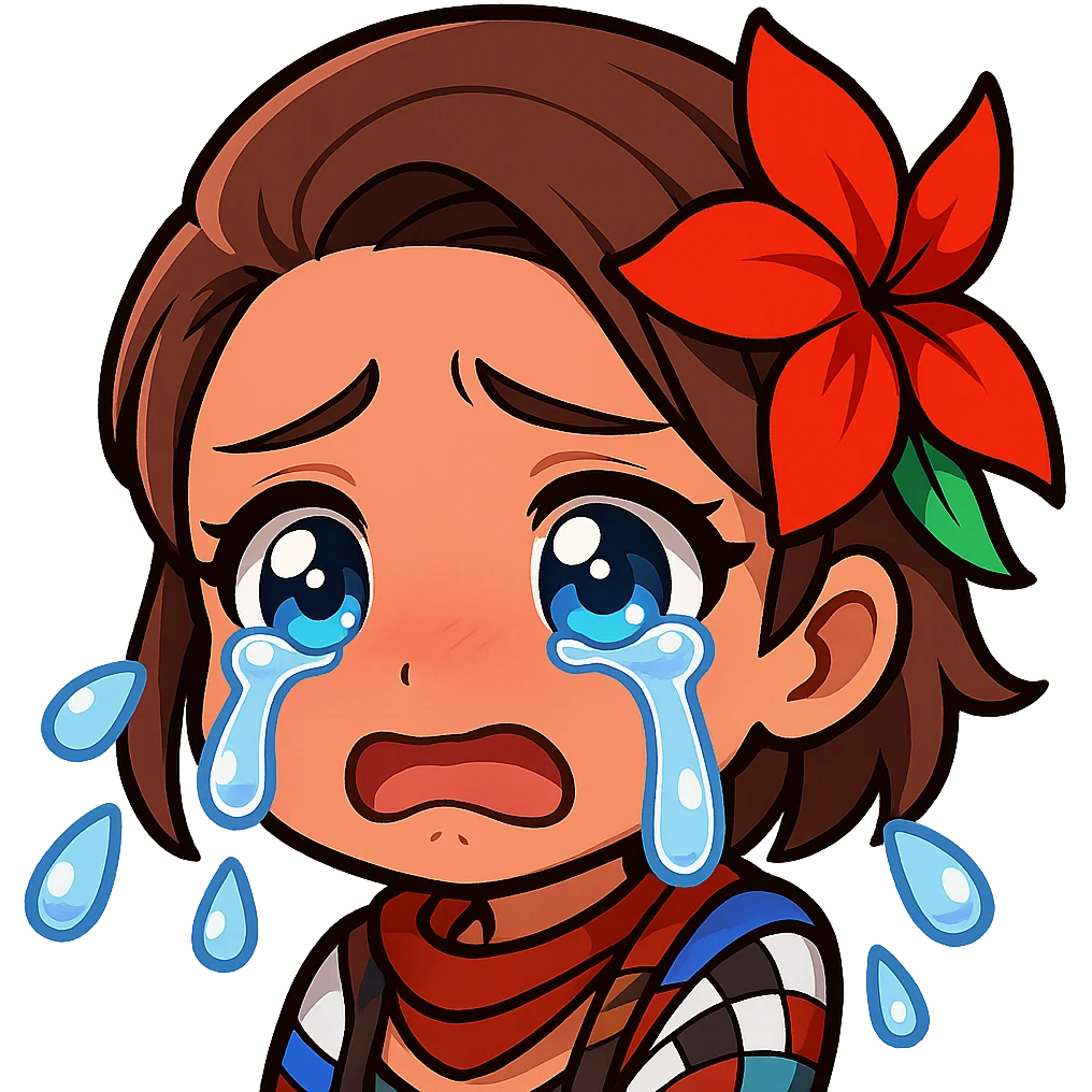 Azucena from Tekken 8 in chibi sticker style crying with big teardrops, designed for Twitch emote use. emoji