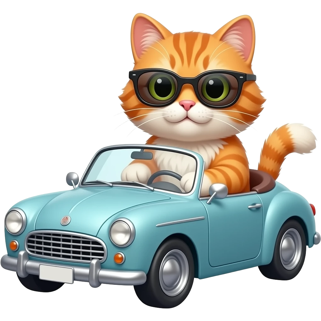 a orange and white fluffy cat with sunglasses in a car emoji