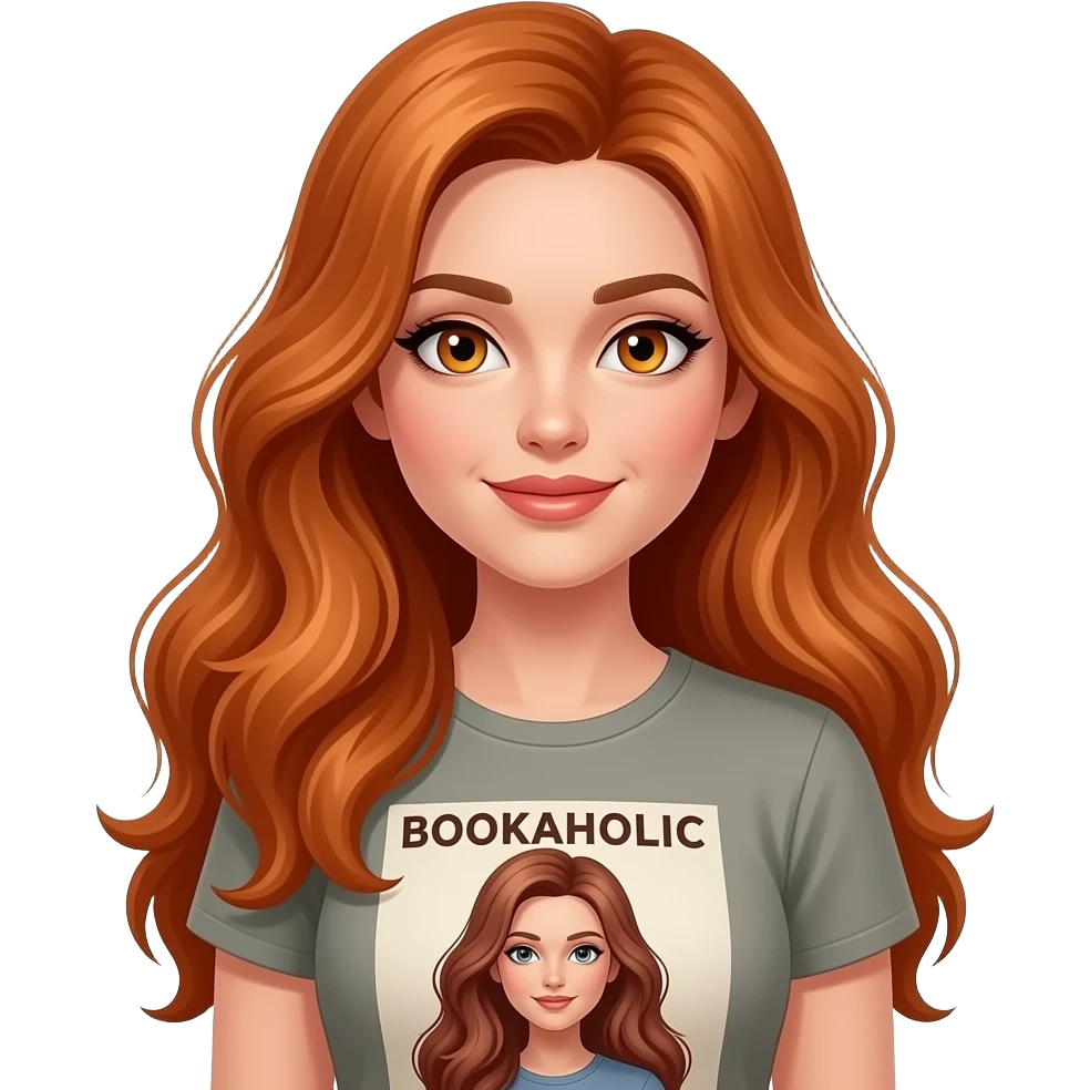 sexy girl with long ginger hair and ginger eyes a top with BOOKAHOLIC written on it emoji