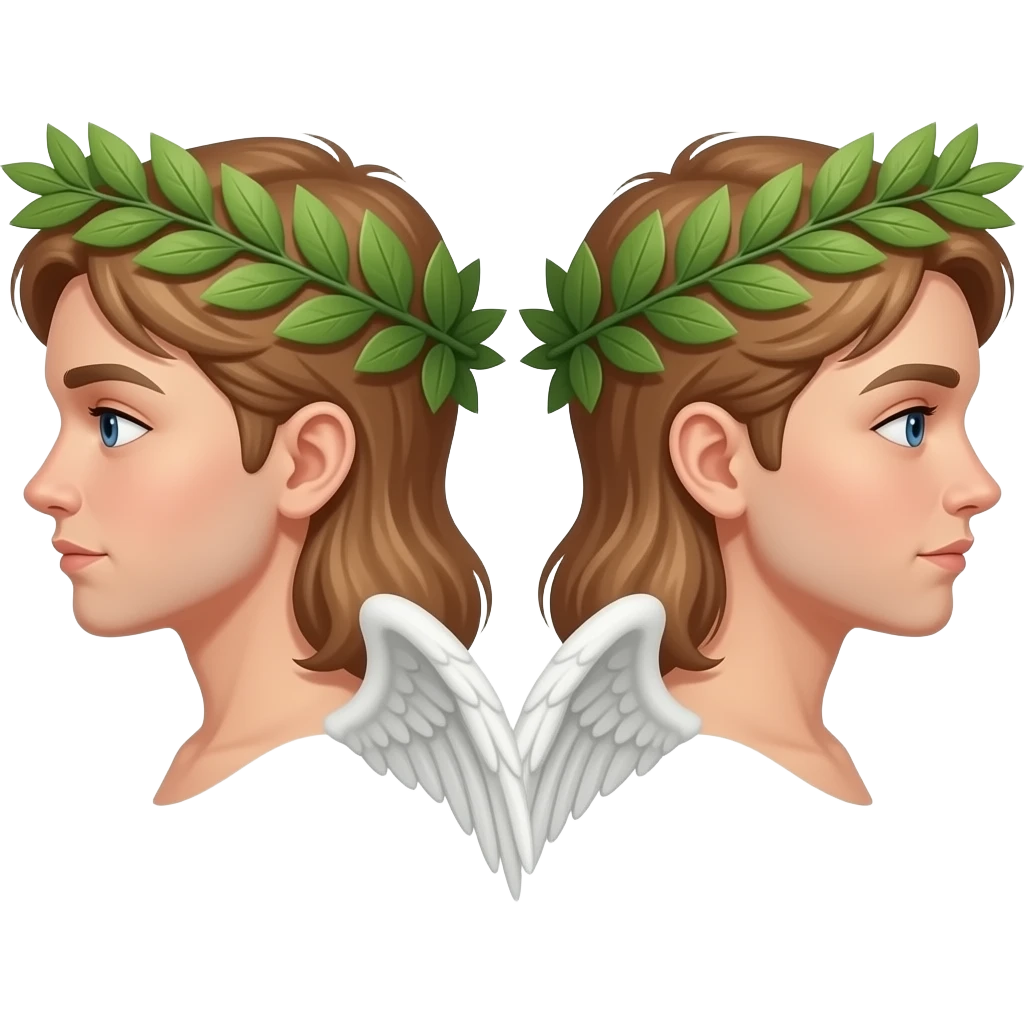 twins, two faces in profile in a parallel composition, they have small wings instead of ears and a laurel wreath around their heads emoji