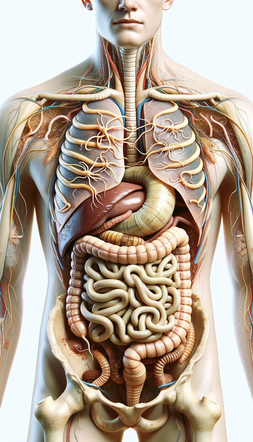 corpo umano anatomico con parassiti tipo la tenia nel corpo, intestino visibile, sfondo neutro chiaro emoji