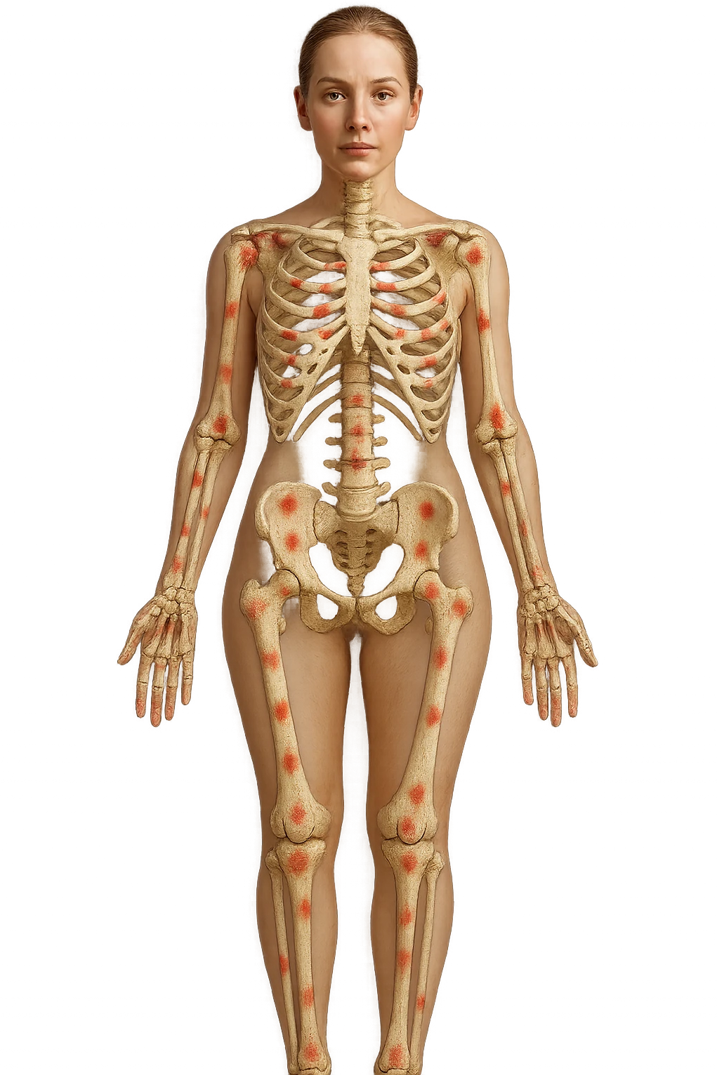 corpo umano anatomico di una donna affetta da fibromialgia, red spot sparsi sulle sue ossa, iperrealistica 4k emoji