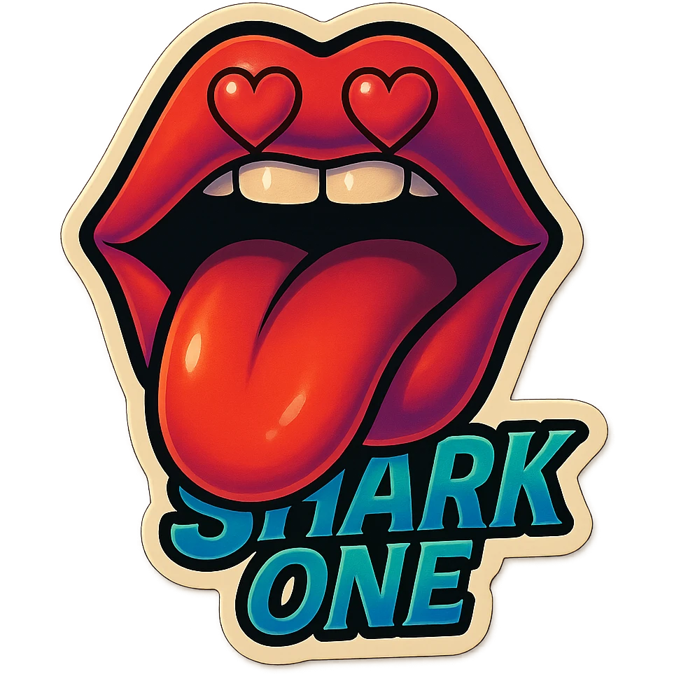mouth open with tongue out heart shaped eye add the words “ Shark One " in White emoji