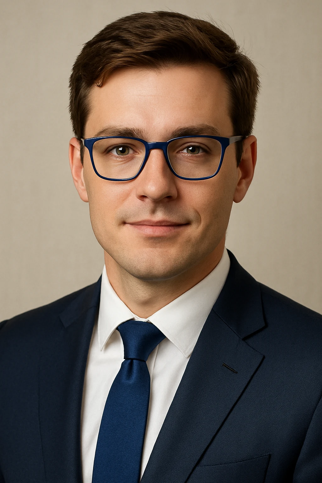 portrait of a young white man with brown hair, wearing blue-framed glasses and a business suit, exuding trust and respect, professional and confident expression emoji