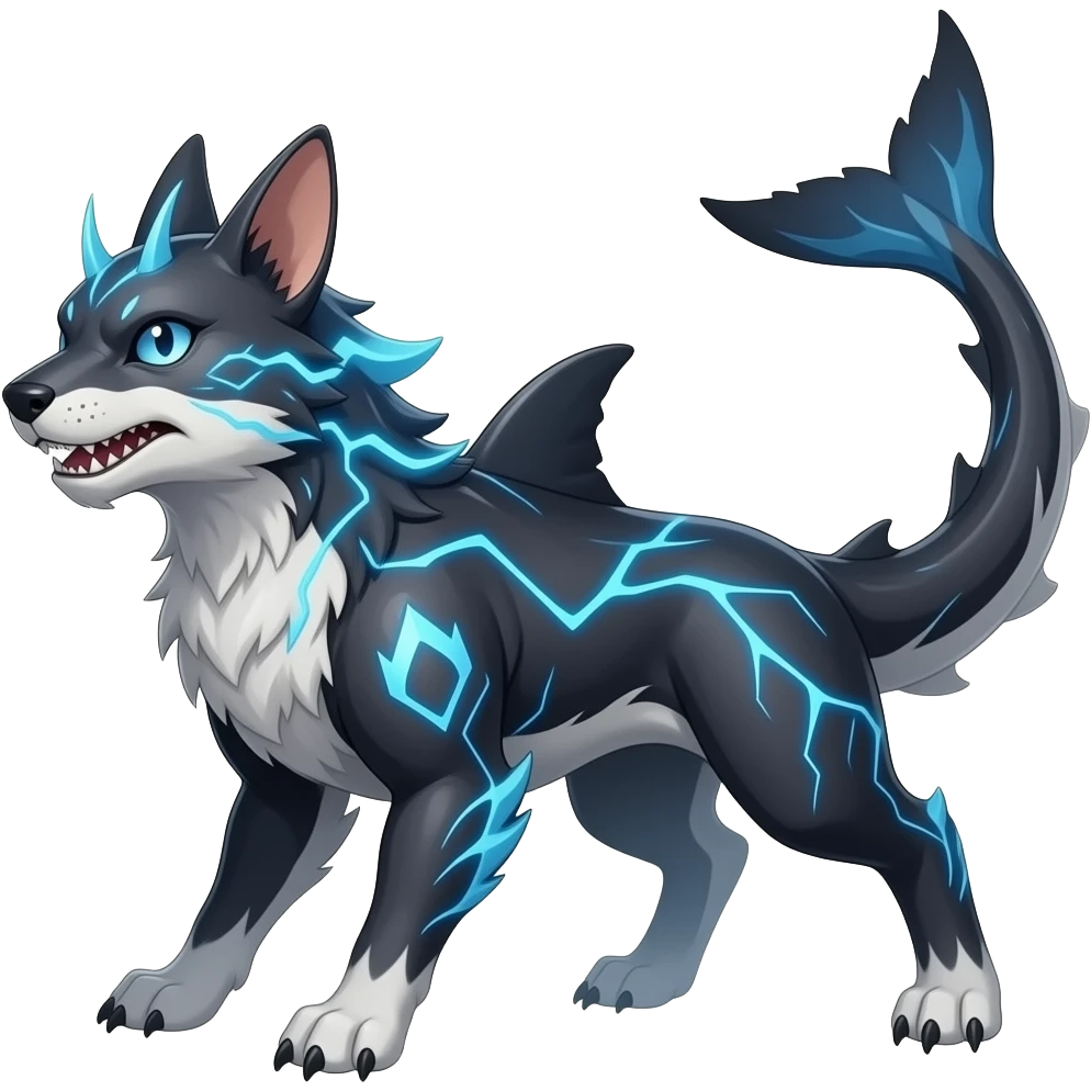 4-legged digitigrade dark badass edgy earless landhai-Latias-Latios-Kyurem-Dialga-carvanha-sharpedo-Electrike-Manectric-hybrid-fusion-creature, with a long shark tail behind, full body emoji