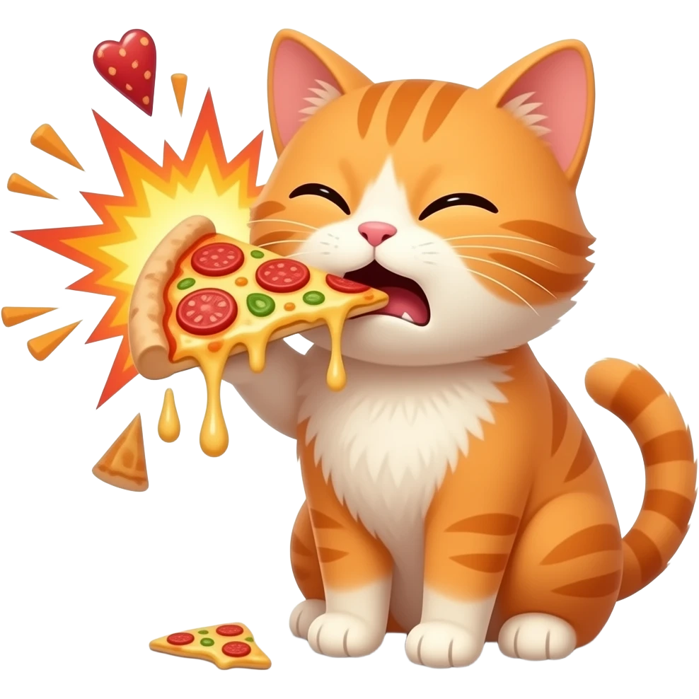 Orange cat eating pizza and making an ugly face while the pizza explodes emoji