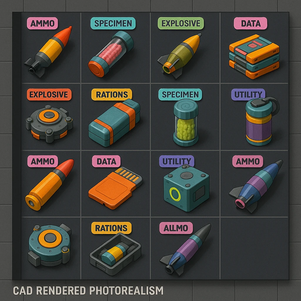 a virtual display, a gray grid with darker gray cells, each cell containing an item viewed in isometric minimalism render The cells have pastel neon colored labels in their upper corner, indicating various traits of the items. retrofuturism, circa 2880's.
The items are scientific and military in nature - varieties of munitions, scientific samples, rations, data storage, utilities. There are two arrays of grids, one left, one right. Each array has a few empty spaces at the bottom. "CAD RENDERED PHOTOREALISM" brutalism. the items are adorned in a combination of  bright colors, neon-safety, early 90's pallet, with muted gray tones in EVEN BALANCE. emoji