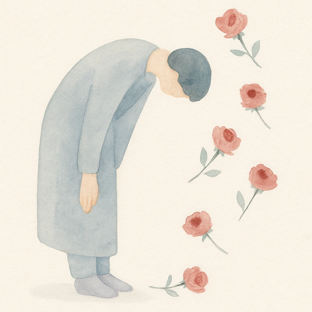 a figure bowing deeply as roses are tossed from the crowd, painterly emotional style emoji