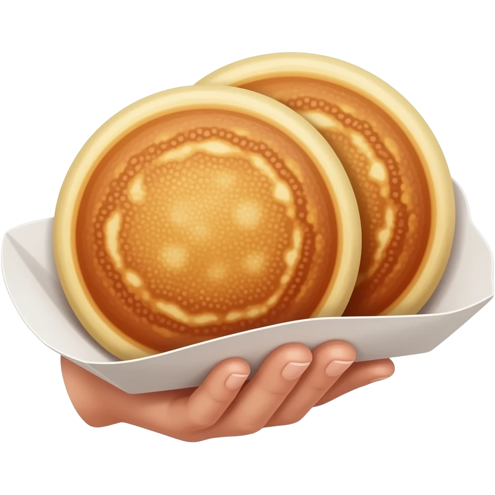 Korean hotteok, realistic, golden brown pancakes, crispy surface, glossy oil shine, handheld, paper tray, street food, high detail emoji