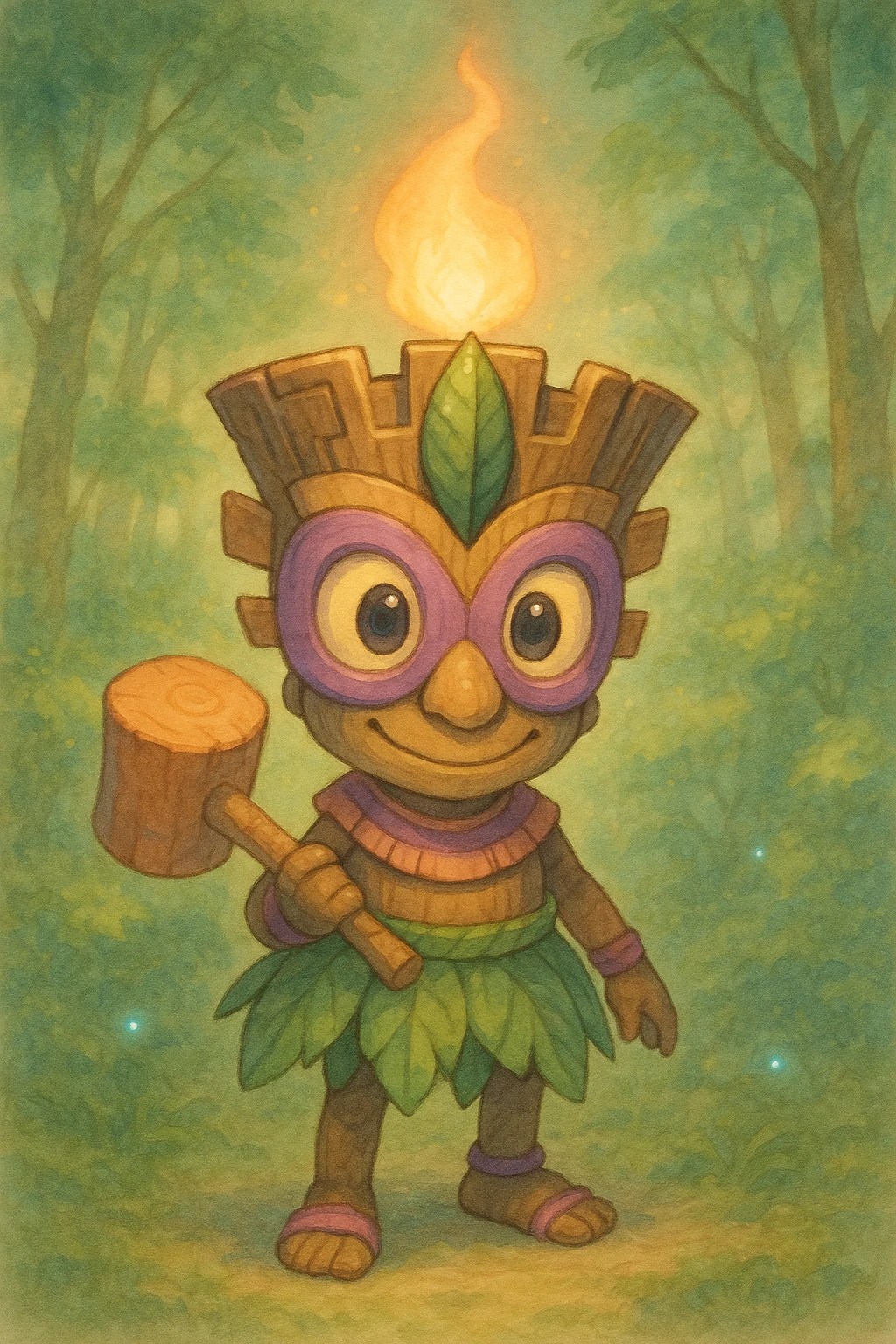 Create a whimsical tiki character inspired by the provided reference image, rendered in Ghibli style with soft colors and a magical atmosphere. Focus on capturing the charm and mystical vibe typical of Ghibli illustrations. emoji
