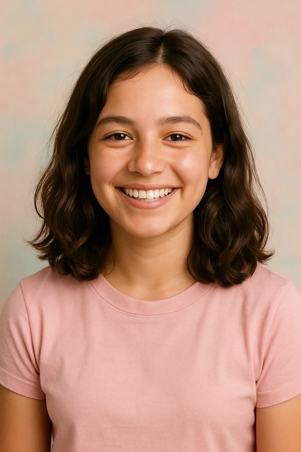 girl with medium length straight wavy hair, smiling, pastel background emoji