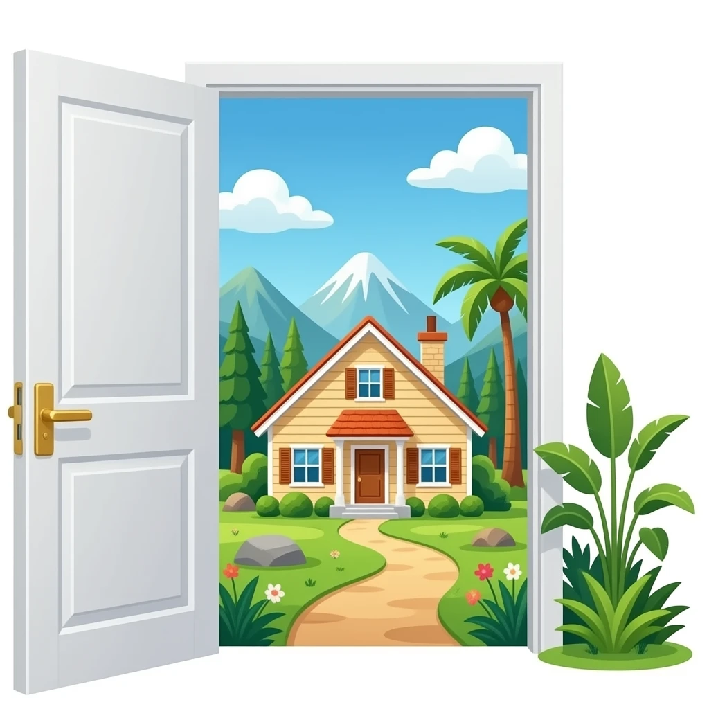 one door to another world. (The door is in the Jurassic period.)Through the portal, you can see a house. emoji