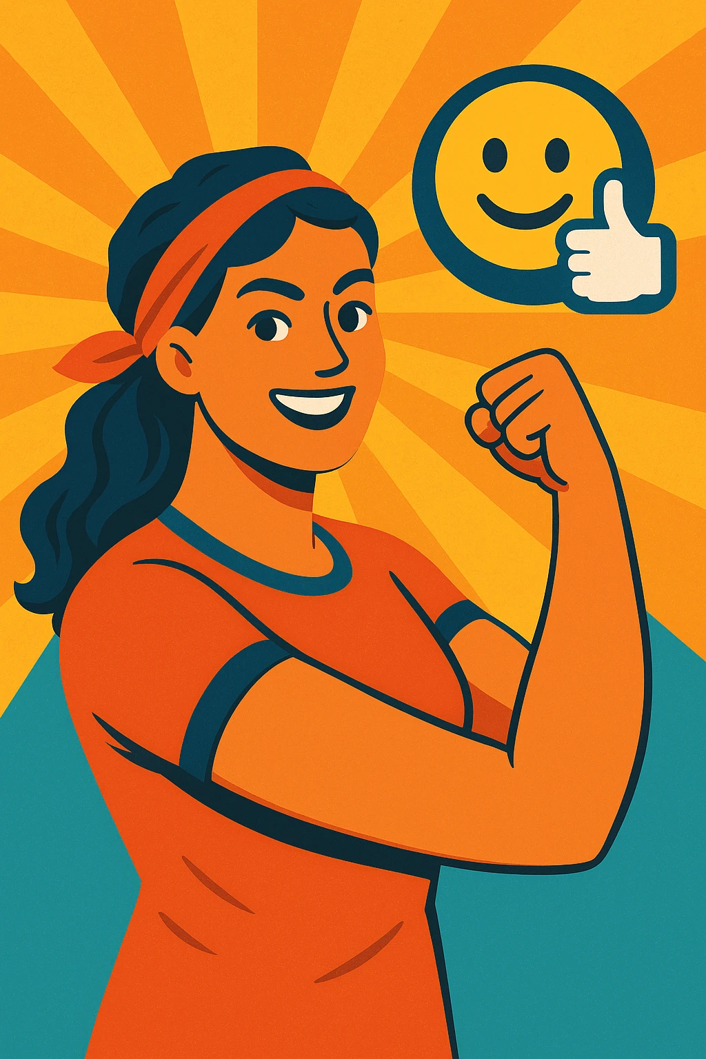 strong uplifting female figure radiating positivity and encouragement, modern friendly illustration style, Mutmacherin emoji or icon emoji