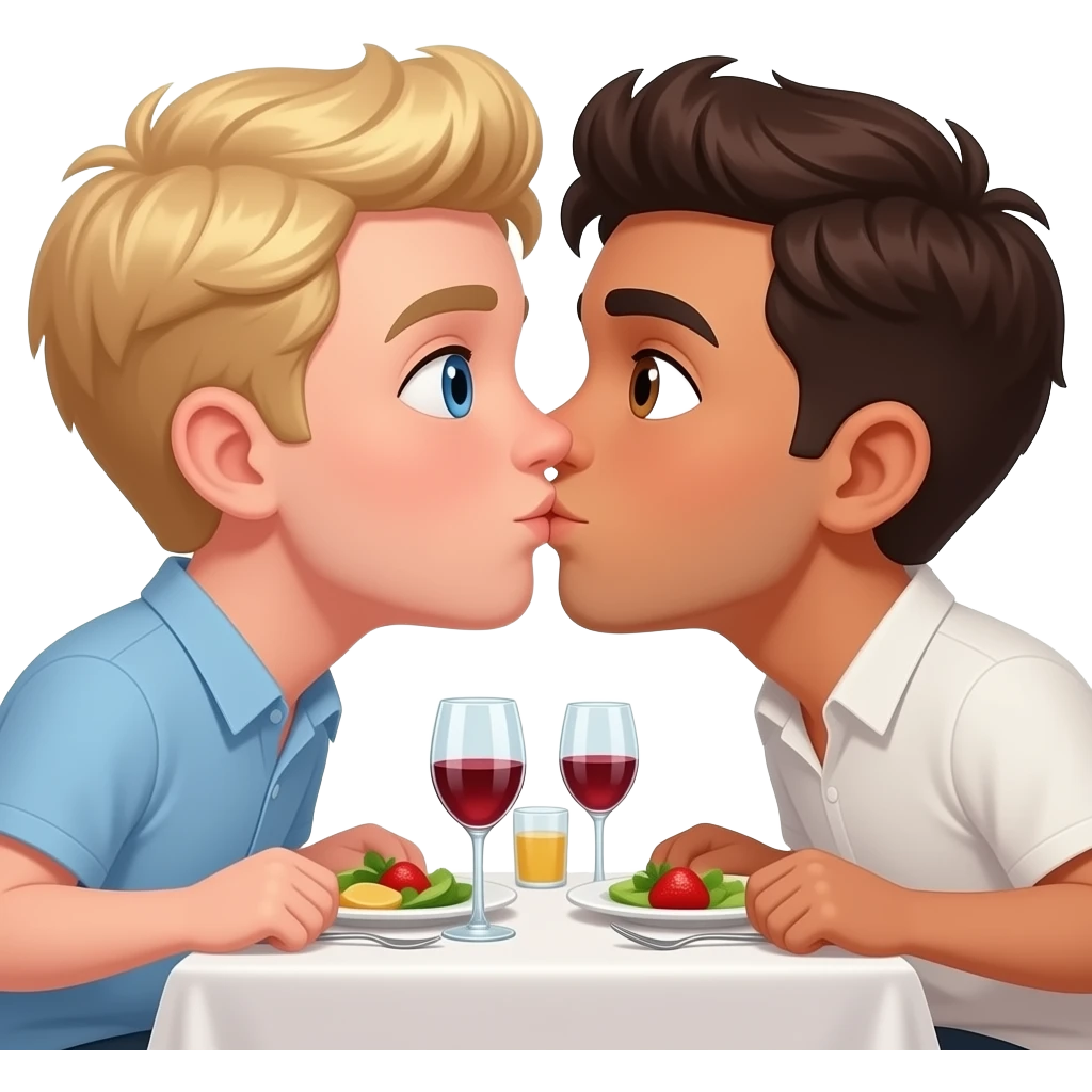 Make a young gay male teen couple on a Date , one has light Skin with Blond Hair and Blue Eyes, the other one has slightly brown skin witz dark Brown Hair and Brown Eyes. They are on a date having dinner. They are kissing. emoji