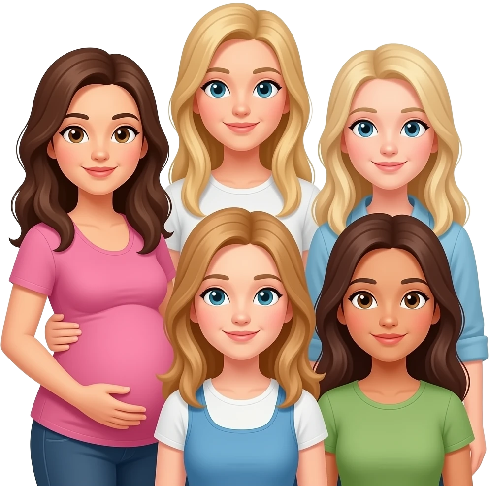 5 girl friends: a brunette who is pregnant, a blonde tall thin, a blonde thin, a dirty blonde thin, a brunette emoji
