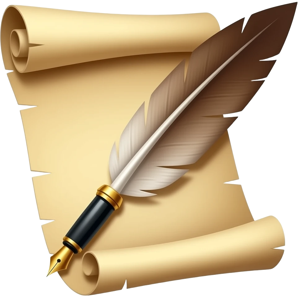Semi‑realistic illustration of a fountain pen or quill resting on a slightly curled parchment scroll, warm brown and gold tones, subtle ink stains, painterly shading, transparent background, square, no text. emoji