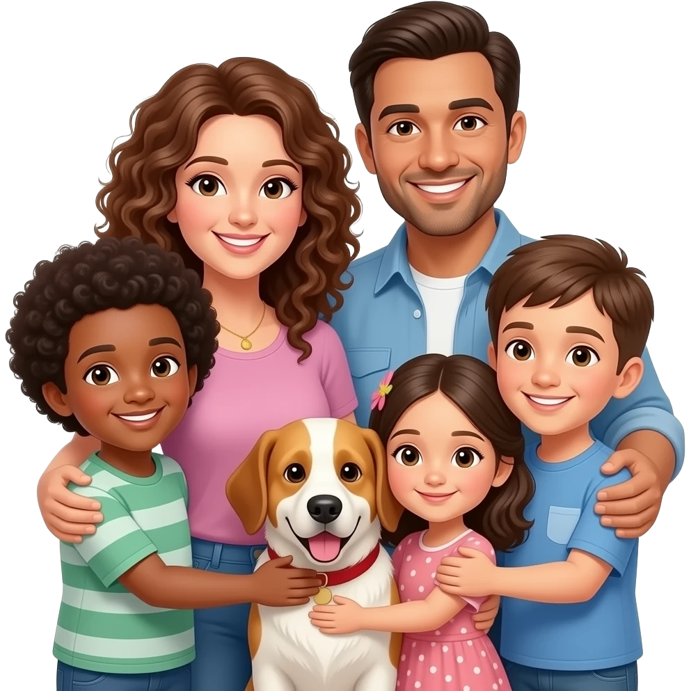 curly hair Family of 5 mom dad 2 sons 1 daugher hugging 1 dog emoji