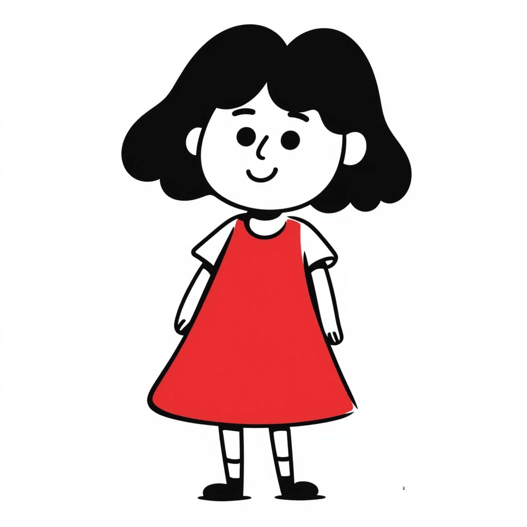 Lilo-inspired girl, hand-drawn doodle style, red dress, black hair, cheerful look emoji