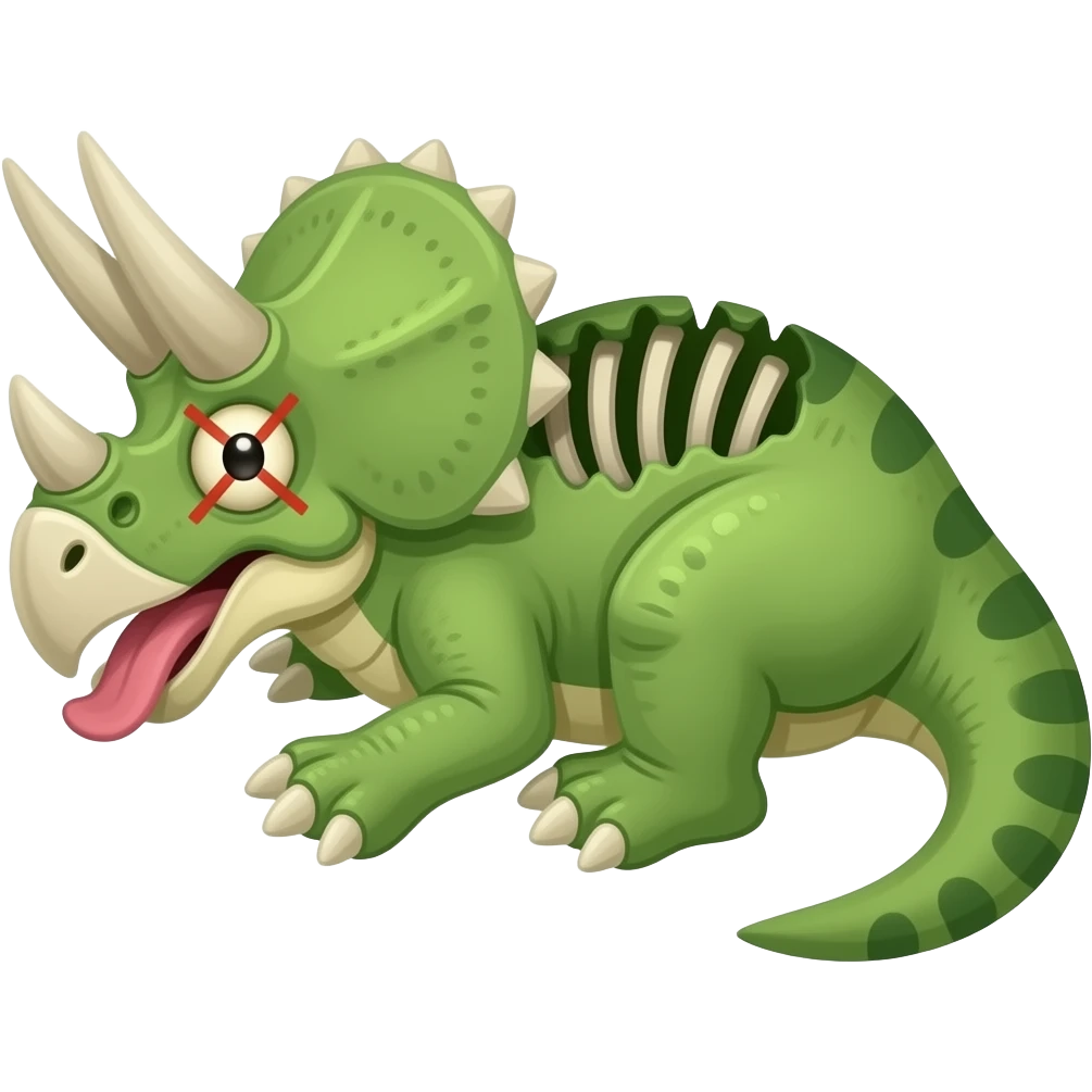 a green triceratops laying on its side.  It has been chewed up and has visible ribs and x's over its eye, with its tongue hanging out emoji