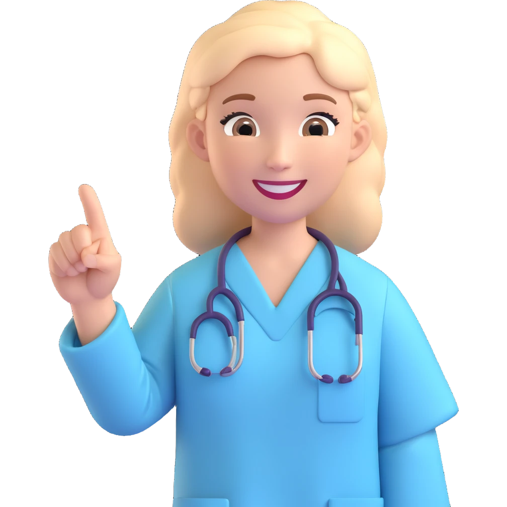doctor pointing, smiling, medical scrubs emoji