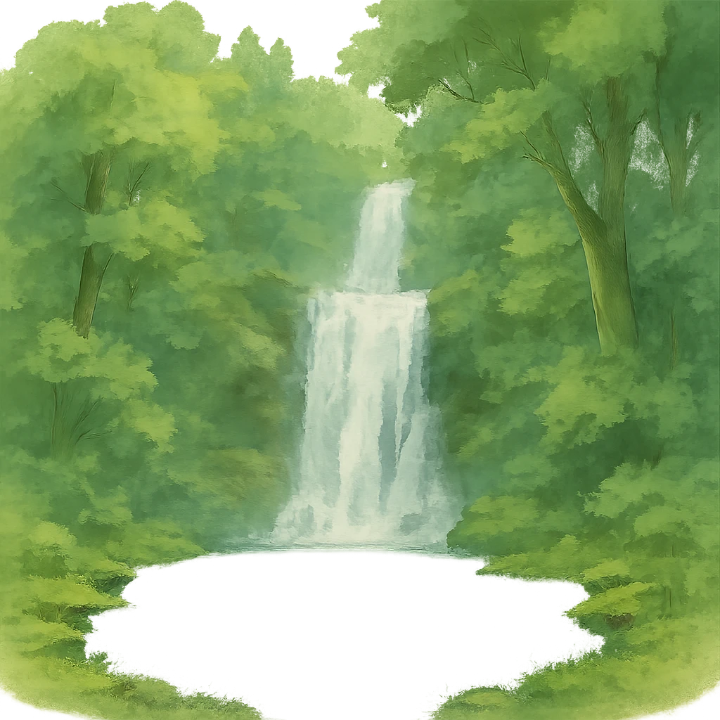 waterfall then lake and the rest of the waterfall in forest, natural colors, soft, fairy-like atmosphere, no background, square size emoji