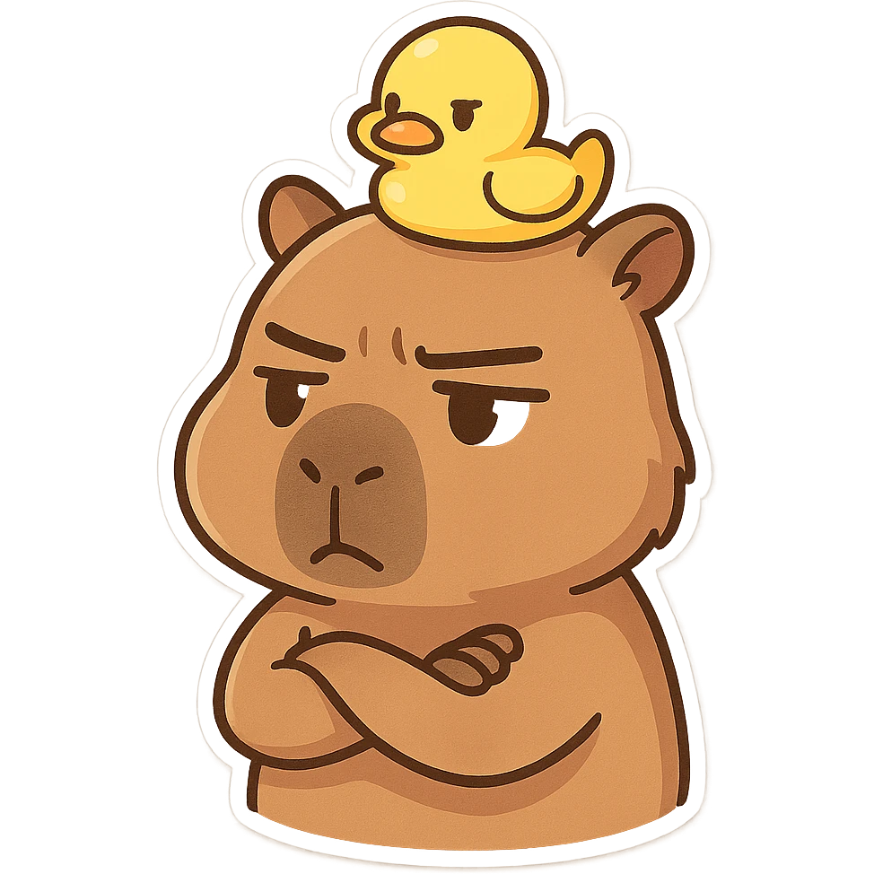 A Capybara with his arms crossed, thinking and a serious expression, with a small yellow duck on his head emoji