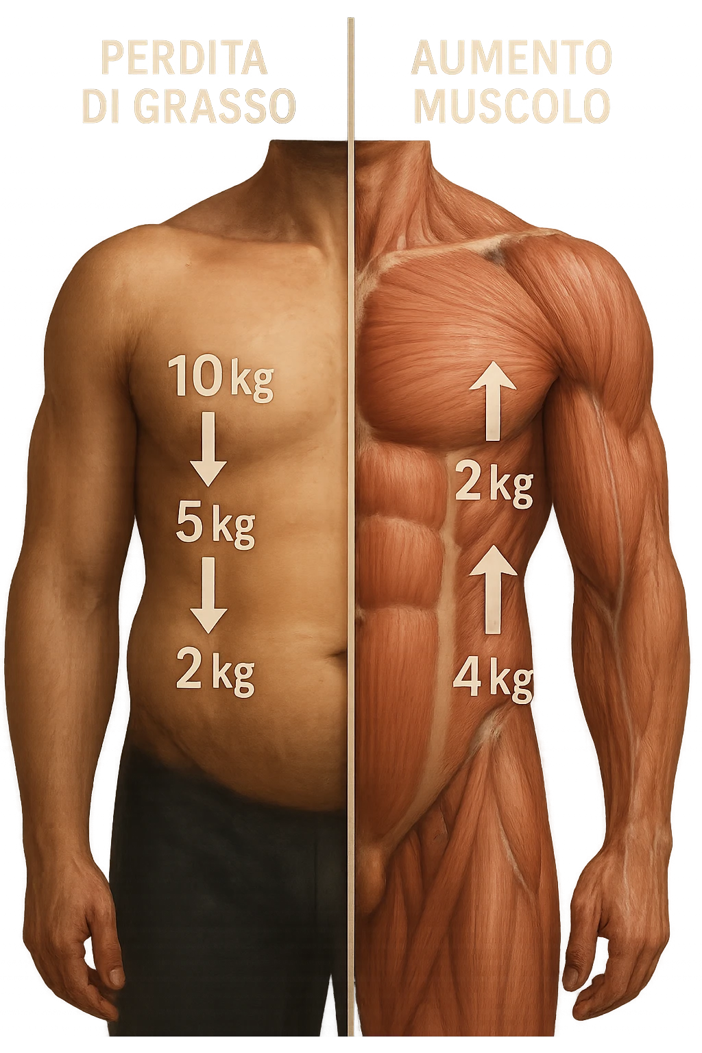Remove the background, leaving only the human body divided in two halves: left side showing fat decreasing with downward arrows and numbers, right side showing lean muscle mass increasing with upward arrows and numbers. Include captions and numbers in Italian. Maintain a realistic and cinematic style with a 2:3 aspect ratio. emoji