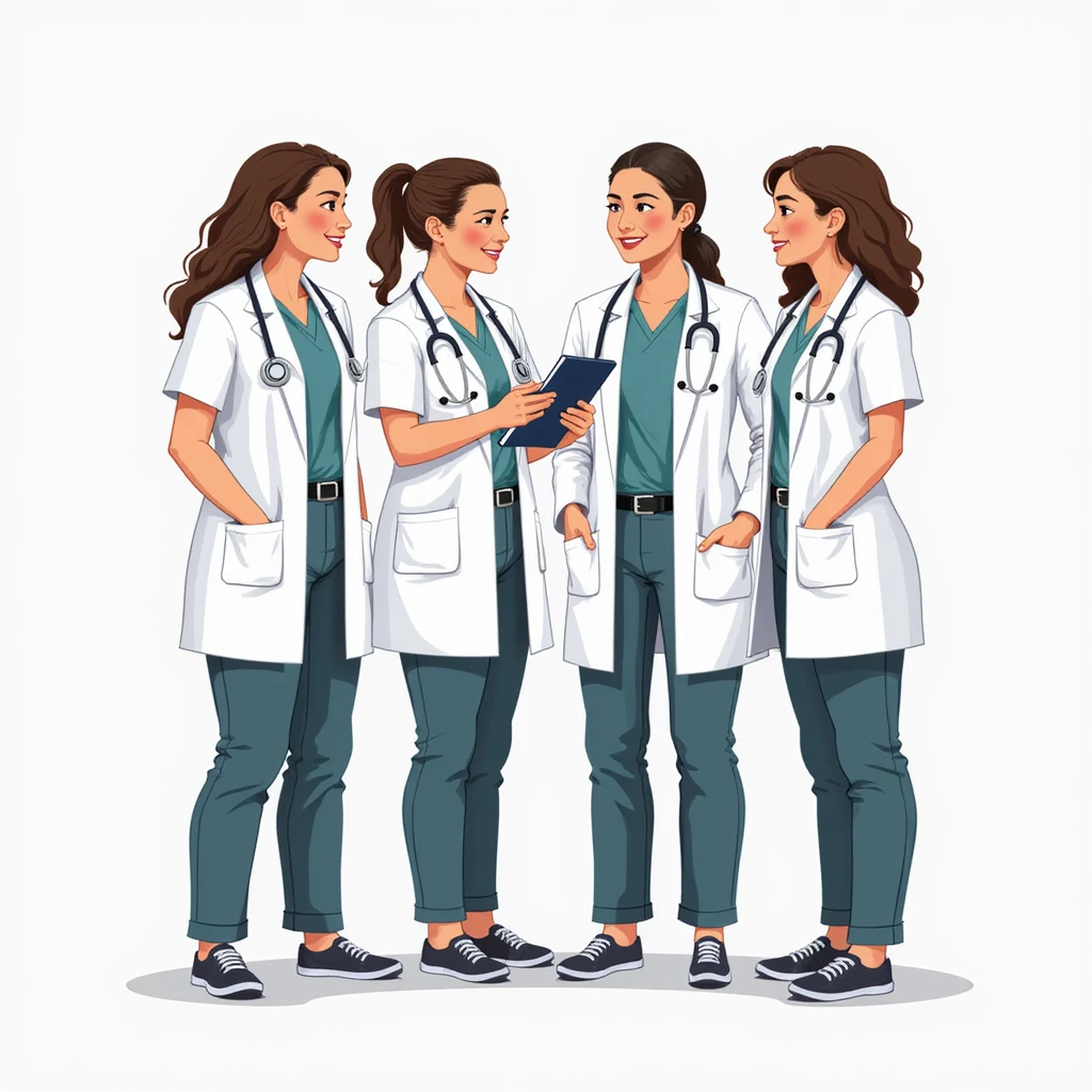 four nursing students working together during a practical session with patients, wearing short-sleeved white coats, no stethoscope, collaborative atmosphere, realistic illustration style, simple background emoji