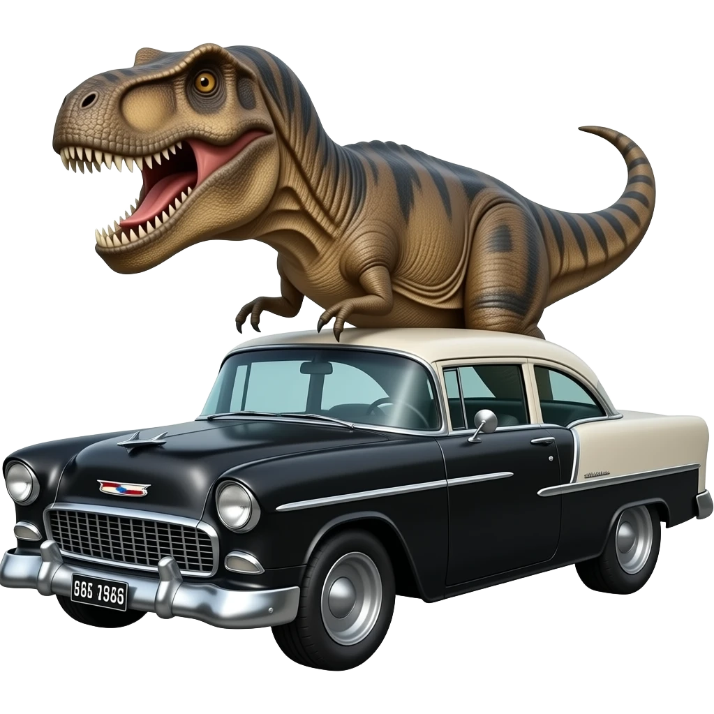 t rex driving black 1955 chevy 3/4 view emoji