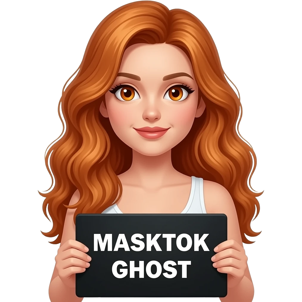 sexy girl with long wavy ginger hair and ginger eyes wearing a white tanktop is holding a black colored sign with MASKTOK GHOST written on it emoji