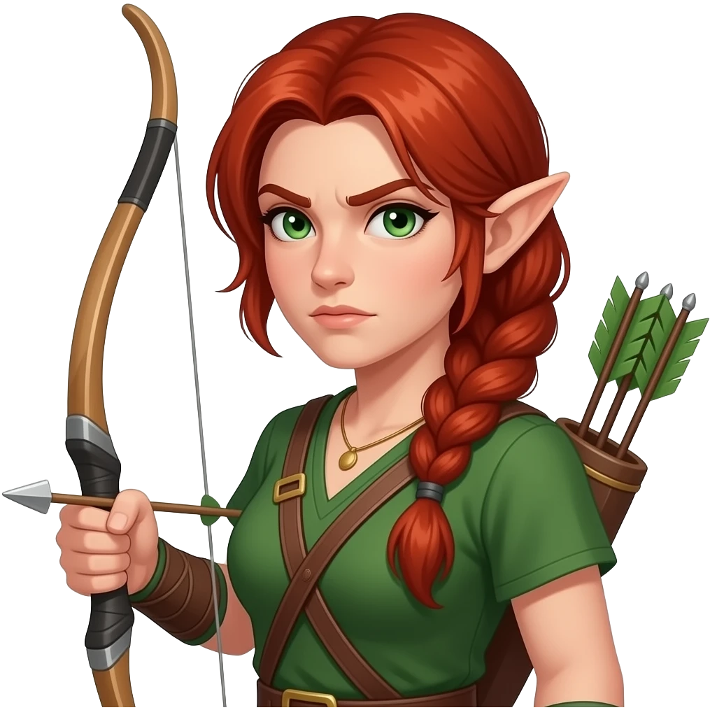 femme adulte rousse aux yeux verts, air déterminé, tresse haute jusque dans le dos, ressemble à une elfe, archère avec un carquois et un arc, tenue verte emoji