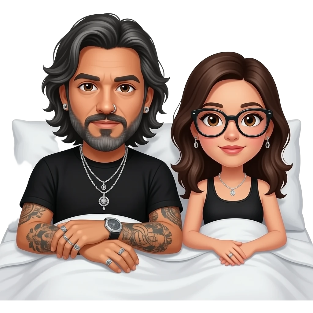 The handsome manly Latino podcast host with medium length hair, a long slightly graying beard and tattoos with his ears pierced 1 time each ear and a nose ring on the right side, dark brown eyes, wearing black, and jewelry, in bed with a girl with oversized glasses emoji