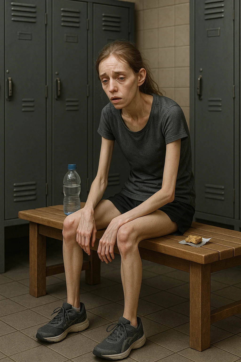 3D rendered scene: a woman in her 20s wearing running clothes sits on a bench in a locker room, looking exhausted and weak. Her face shows signs of fatigue, and her limbs appear thin and lacking muscle tone. A water bottle and a small, half-eaten snack are beside her, hinting at insufficient nutrition. The environment is realistic, with a focus on her physical and emotional state. emoji