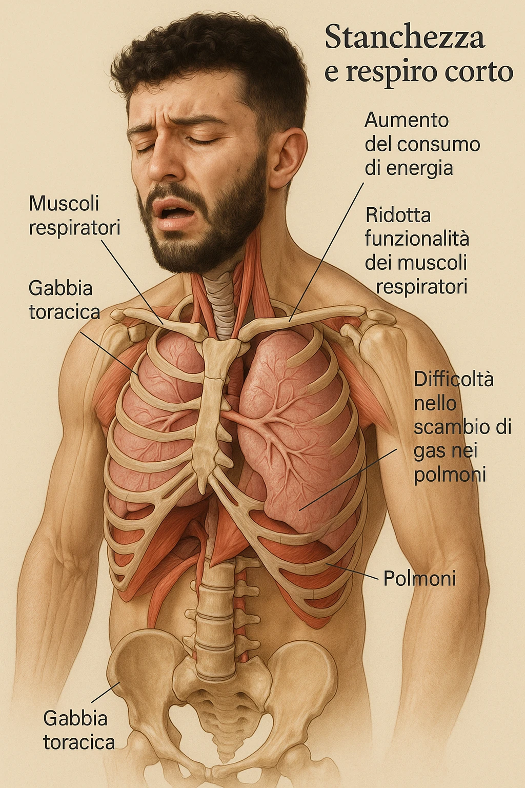 Uomo con stanchezza e respiro corto vista anatomica immagine realistica in 3D in italiano emoji